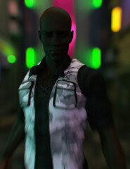 Fototapeta na wymiar A bald african american military man in a black shirt with camouflage tactical vest in a city street with coloured neon lights. 3D render.