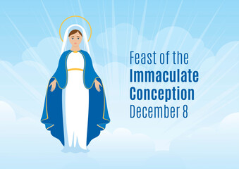 Feast of the Immaculate Conception vector. Blessed Virgin Mary in heaven icon vector. Saint Mary and blue sky vector. Immaculate Conception Day Poster, December 8. Important day - obrazy, fototapety, plakaty