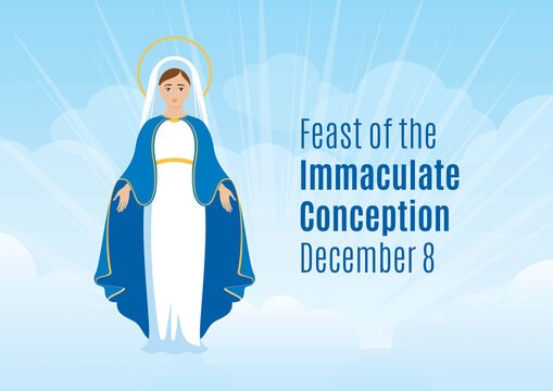 Feast of the Immaculate Conception vector. Blessed Virgin Mary in heaven icon vector. Saint Mary and blue sky vector. Immaculate Conception Day Poster, December 8. Important day