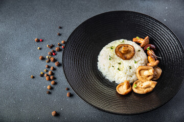 rice mushrooms risotto second course meal snack on the table copy space food background rustic veggie vegan or vegetarian food no meat