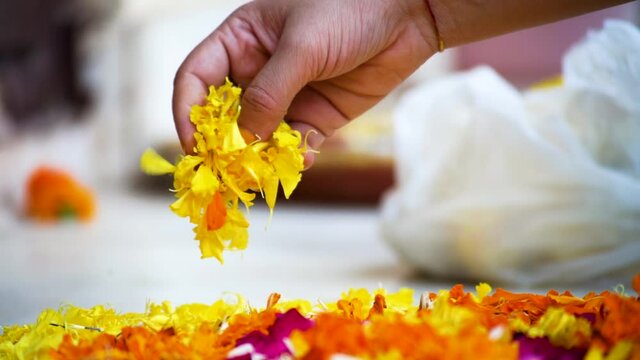 slow motion shot of Indian woman dropping marigold jasmine flowers on a rangoli pattern on the floor while making a rangoli for diwali, new year or a wedding decoration as part of the hindu religion