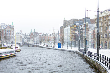 Snow covered streets with cold weather in Amsterdam, Netherlands