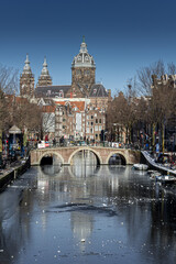 Snow covered streets with cold weather in Amsterdam, Netherlands