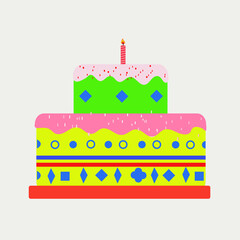 Minimal cake illustration, with candle. Cake icon, Colorful template, for birthday. Holiday concept. Easy to edit.