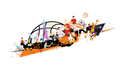 Vector illustration of sports abstract background design with sport players in different activities. football, basketball, baseball, badminton, tennis, rugby, bicycling © Manovector