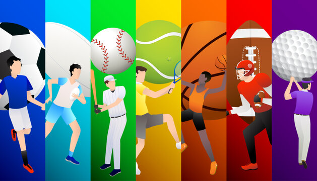 Vector illustration of sports background design with sport players in  different activities. football, rugby, baseball, tennis, basketball, golf  Stock Vector | Adobe Stock