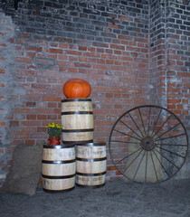 A big beautiful pumpkin. Dungeon. Cellar. Wooden barrel. - 472984347