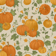 Pumpkin. Autumn Seamless pattern. Botanical vintage illustration.