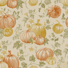 Pumpkin. Autumn Seamless pattern. Botanical vintage illustration. Yellow, Green, Red