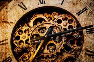 close up of vintage watch mechanism gears.