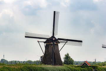 Fototapeta na wymiar Windmills by the water with greenery in Kinderdijk, Netherlands
