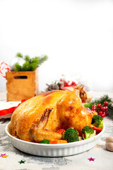 christmas chicken. baked chicken. chicken with spice on white plate