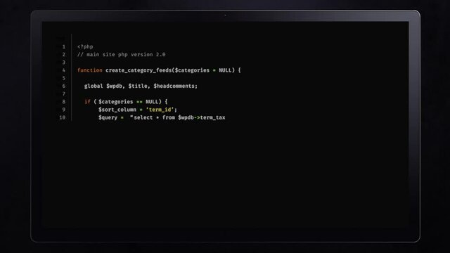 Generic PHP source code building on a tablet screen.