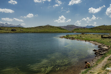Fototapeta premium Mountain area with green during summer day in Pyrenees, North of Spain and France