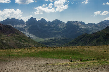 Mountain area with green during summer day in Pyrenees, North of Spain and France