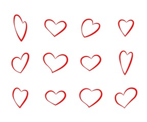 Drawn red heart outline sketch set. Collection of love icons vector illustration. Lines painted with brush and paint on white background. Valentine holiday or wedding celebration