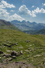Obraz premium Mountain area with green during summer day in Pyrenees, North of Spain and France