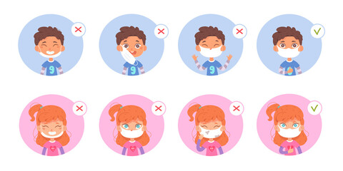 Kids wear protective face mask with proper and wrong way set of medical infographics