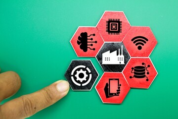 colored hexagons with technology items and the word Industry 4.0. Industry Infographics 4.0.