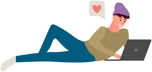 Chatting, communication and sending messages via Internet. Man is lying and using laptop to chat. Typing on computer keyboard, online home relaxation. Guy spends time at laptop for communication