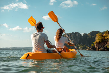 Sea kayaking at tropical bay. Summer vacations