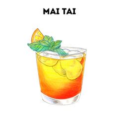 Mai Tai cocktail illustration. Alcoholic cocktail hand drawn illustration. Color sketch. Colored pencil drawing. Isolated object