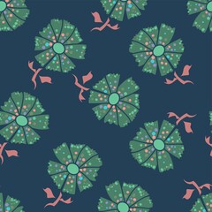 Decorative Green And Pink Floral Vector Repeat Seamless Pattern On Navy Blue