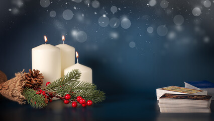 Tarot cards in Christmas decoration. Esoteric, fortune telling and predictions