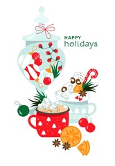 Happy Holidays. Postcard for Christmas. Vector illustration. New Year.
