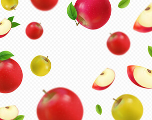 Flying colorful apples. Advertising background falling red apples realistic with blurred effect. 3d vector