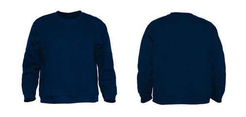 Blank sweatshirt color navy on invisible mannequin template front and back view on white background
