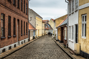 Beautiful view from the street in old quaint town in Faaborg, Denmark