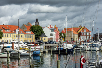 Beautiful view from the street in old quaint town in Faaborg, Denmark