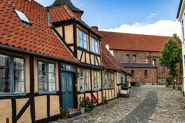 Beautiful view of old port town with charming buildings in Svendborg, Denmark