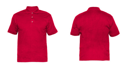 Blank  Polo shirt Three-button placket color red on invisible mannequin template red front and back view on white background
