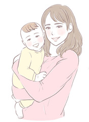 赤ちゃんを抱きしめる笑顔の母親