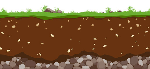 Surface horizons of soil layers. Earth structure with a mixture of organic matter and stones. Flat cartoon paleontological background. Illustrative geology