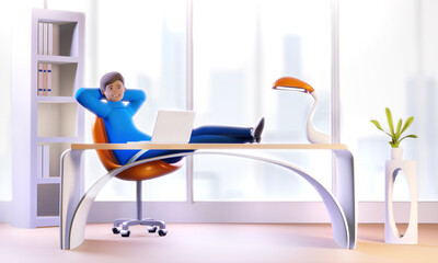 3D rendering illustration. Successful happy businessman working in office by his desk. Office working environment. Busy businessman working with computer, thinking