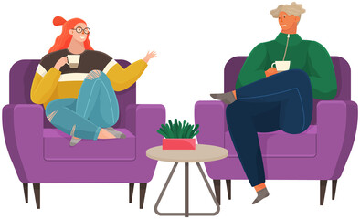 Relaxed people are talking together, sitting in comfortable armchairs with hot drinks.. Man and woman communicating, resting on chairs. Positive communication of friends during coffee break