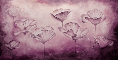 Painting poppies with texture in canvas magenta background