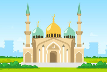 Muslim mosque isolated. Temple vector classic cathedral illustration. Religious building in style of ancient architecture, traditional prayer house, dome with moon on roof