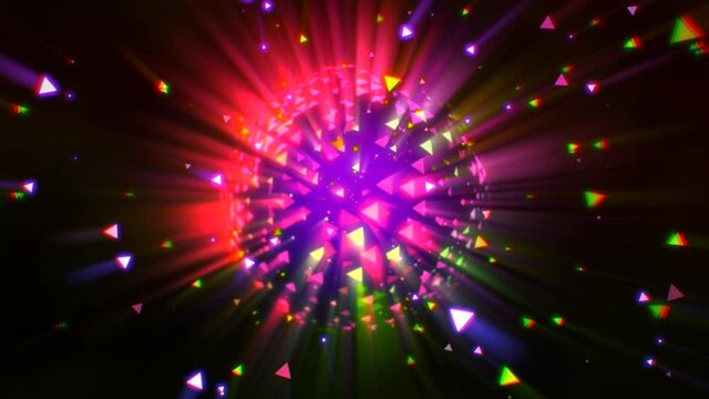 Neon disco ball and geometric glitters, motion abstract business, corporate and disco style background