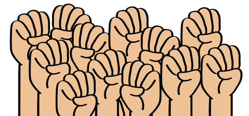 Protest symbol for black lives matter or World refugee day or Day of abolitionism. Cartoon black, white hand. Clenched fist, resistance, revolution concept. No more slavery. Vector icon or pictogram.