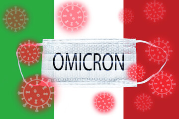 omicron in Italy,variant of the coronavirus mutation of the new strain covid 19 on the italian flag