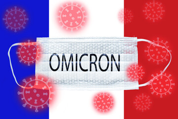 omicron in france,variant of the coronavirus mutation of the new strain covid 19 on the french flag