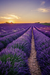 lavender field at sunrise in Provence, France - obrazy, fototapety, plakaty