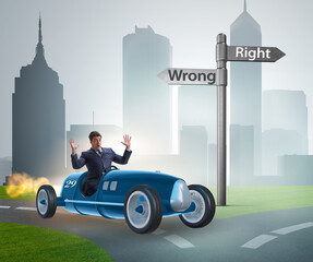 Right and wrong concept with businessman driving car