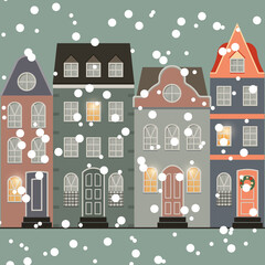 Different Nordic houses and snowing