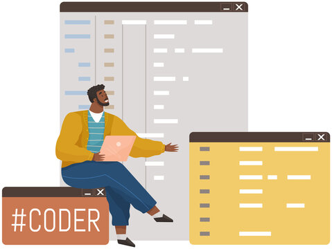 Young man programmer coding and correct errors in project. Guy sitting near web page template working on web development on computer. Concept of script coding and programming in php python javascript