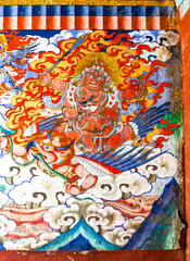 Colorful mural with a deity inside of the Gangtey Goemba monastery in Phobjikha Valley, Central Bhutan, Bhutan, Asia